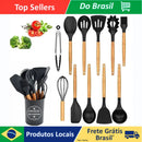 Kit de Utensílios de Cozinha – 12 Peças: Talheres, Colher de Madeira e Panela