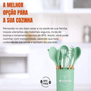 Kit de Utensílios de Cozinha Silicone com Cabo de Madeira Suporte para Colher Espátula Pegador Concha Escova de Cozinha Antiaderente