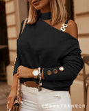 Blusa Feminina de Moda – Manga Longa, Ombro Diagonal com Corrente Decorativa, Decote Ombro a Ombro