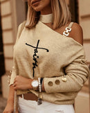 Blusa Feminina de Moda – Manga Longa, Ombro Diagonal com Corrente Decorativa, Decote Ombro a Ombro