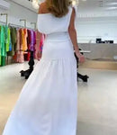 Vestido Feminino 2025 – Verão, Nova Moda, Cor Lisa, Ombro a Ombro, Manga Curta, Franzido, Cintura Alta, Casual, Sexy, Fenda Alta, Vestido para Férias