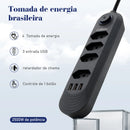 Extensão com 4 Tomadas, Bivolt, 2 Metros, Tomada Preta com 4 Saídas e USB, Régua de Energia, Extensão para Brasil