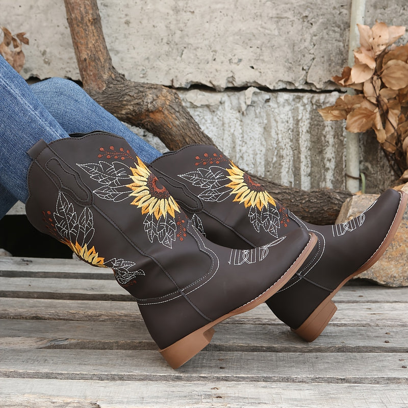 Botas ocidentais femininas bordadas de cano médio, botas fashion em couro sintético, calçado feminino