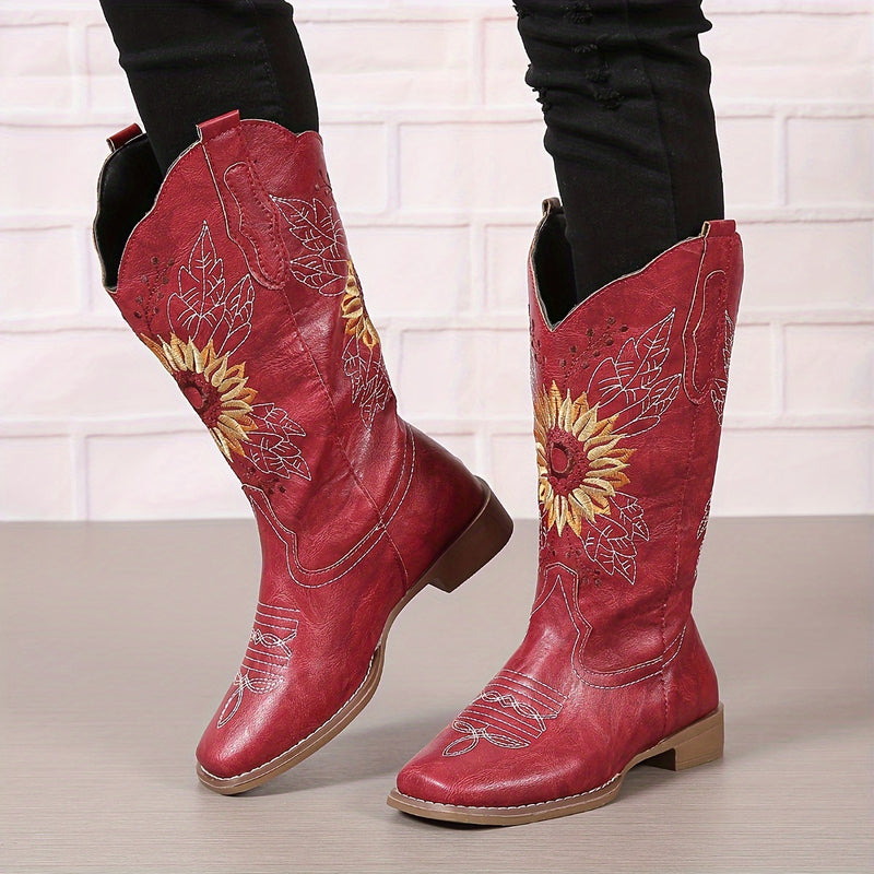 Botas ocidentais femininas bordadas de cano médio, botas fashion em couro sintético, calçado feminino