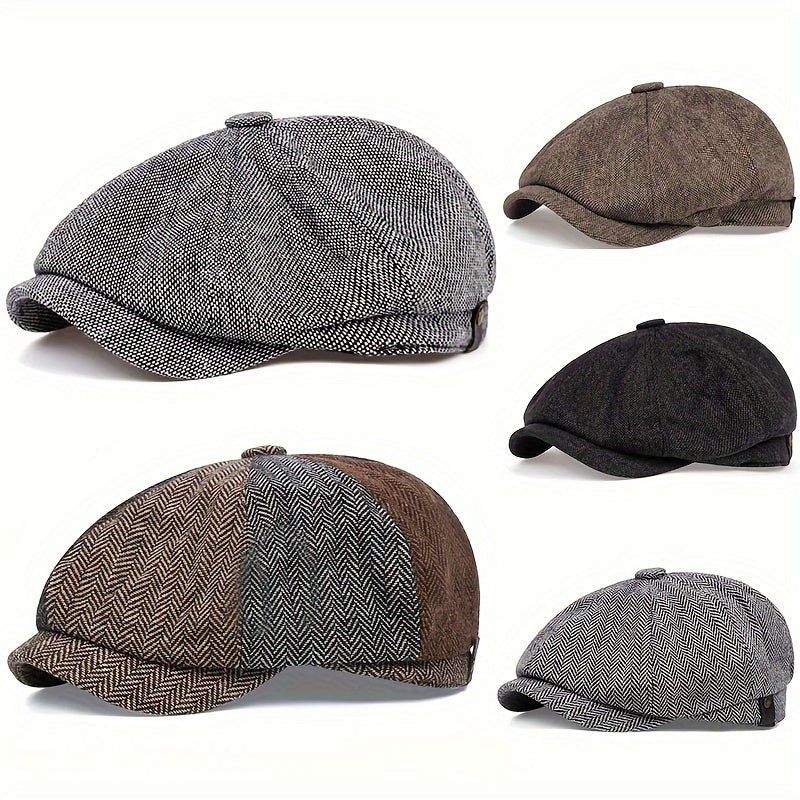 Boina retrô masculina em espinha de peixe - Boina casual preta com estilo vintage, poliéster tricotado, perfeita para o Dia dos Namorados, uso diário | Boina vintage | Textura tricotada