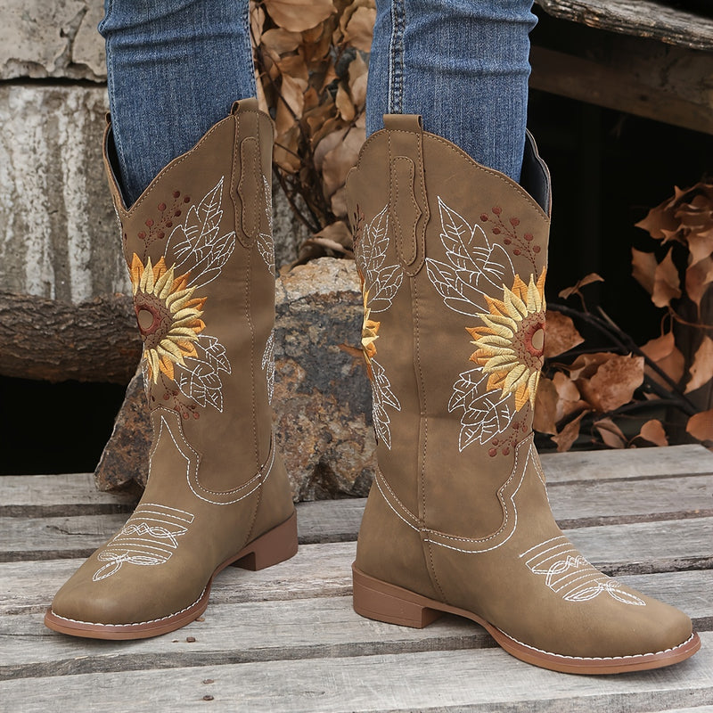 Botas ocidentais femininas bordadas de cano médio, botas fashion em couro sintético, calçado feminino