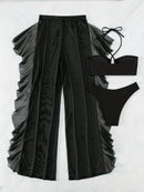 Conjunto de Biquíni Feminino 3 Peças de Cor Sólida