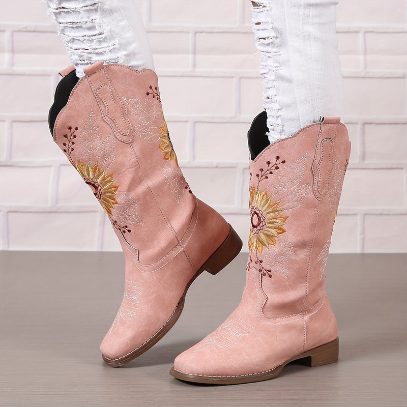 Botas ocidentais femininas bordadas de cano médio, botas fashion em couro sintético, calçado feminino