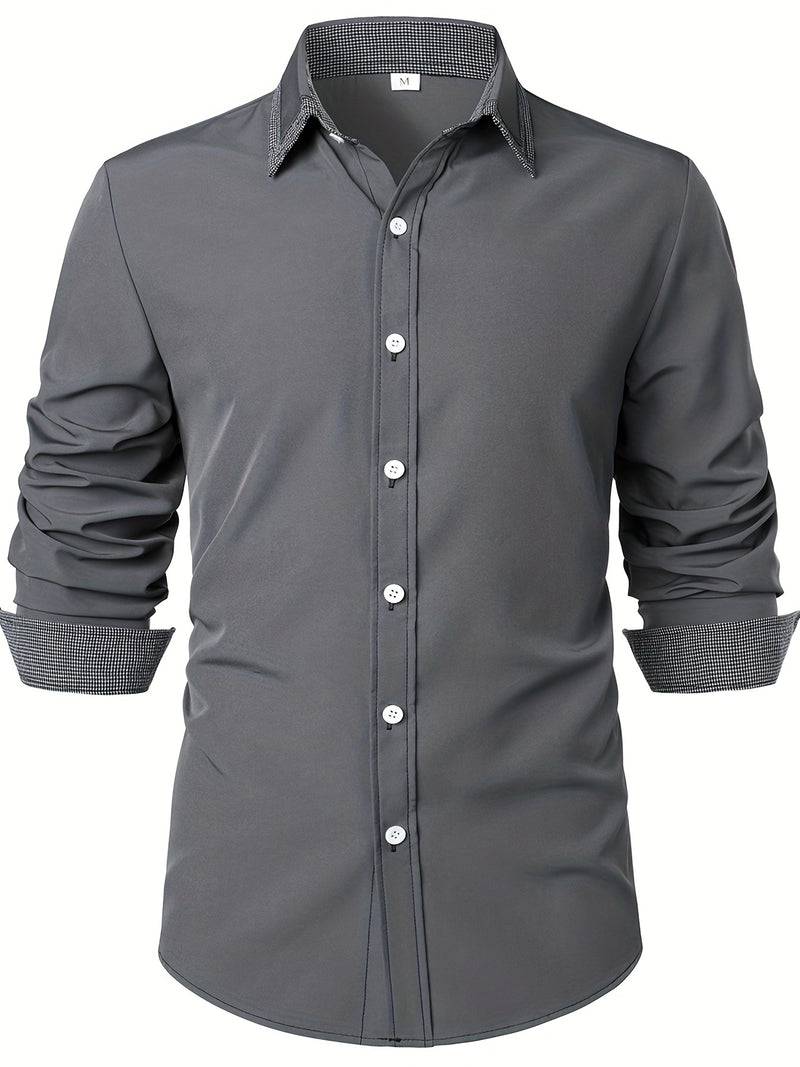 Camisa Masculina Casual de Manga Longa com Blocos de Cor e Estampa Xadrez