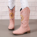 Botas ocidentais femininas bordadas de cano médio, botas fashion em couro sintético, calçado feminino