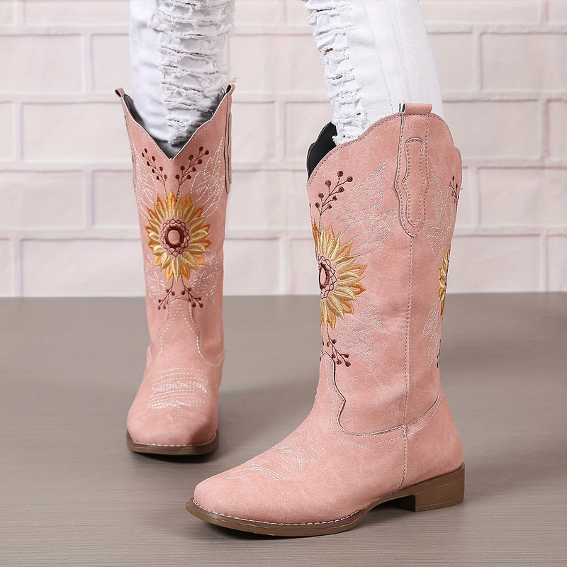 Botas ocidentais femininas bordadas de cano médio, botas fashion em couro sintético, calçado feminino