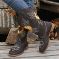 Botas ocidentais femininas bordadas de cano médio, botas fashion em couro sintético, calçado feminino