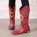 Botas ocidentais femininas bordadas de cano médio, botas fashion em couro sintético, calçado feminino