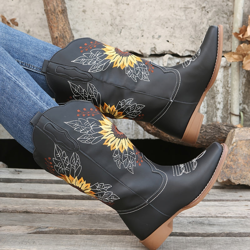 Botas ocidentais femininas bordadas de cano médio, botas fashion em couro sintético, calçado feminino