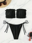 Top de Sutiã Franzido com Dupla Cordinha, Biquíni de Tira Lateral e Cintura Alta, Conjunto de Dois Peças, Moda Praia Feminina