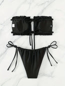 Top de Sutiã Franzido com Dupla Cordinha, Biquíni de Tira Lateral e Cintura Alta, Conjunto de Dois Peças, Moda Praia Feminina