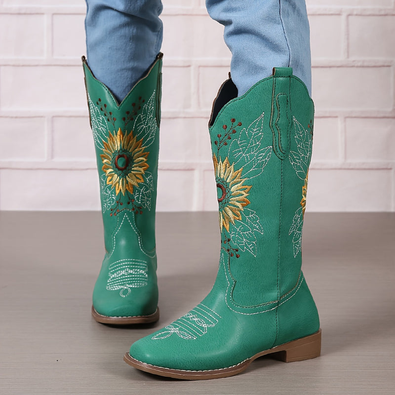 Botas ocidentais femininas bordadas de cano médio, botas fashion em couro sintético, calçado feminino