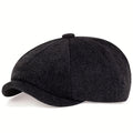 Boina retrô masculina em espinha de peixe - Boina casual preta com estilo vintage, poliéster tricotado, perfeita para o Dia dos Namorados, uso diário | Boina vintage | Textura tricotada