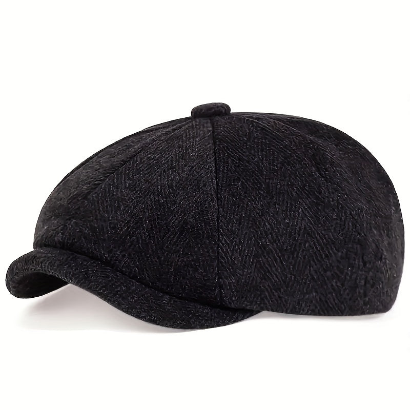 Boina retrô masculina em espinha de peixe - Boina casual preta com estilo vintage, poliéster tricotado, perfeita para o Dia dos Namorados, uso diário | Boina vintage | Textura tricotada