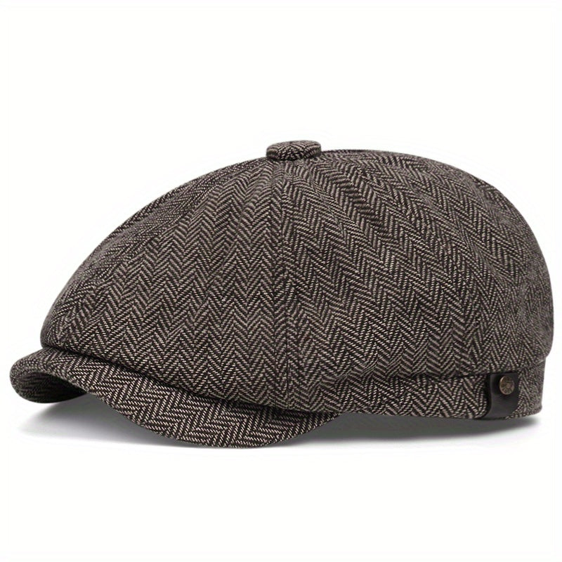 Boina retrô masculina em espinha de peixe - Boina casual preta com estilo vintage, poliéster tricotado, perfeita para o Dia dos Namorados, uso diário | Boina vintage | Textura tricotada