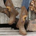Botas ocidentais femininas bordadas de cano médio, botas fashion em couro sintético, calçado feminino