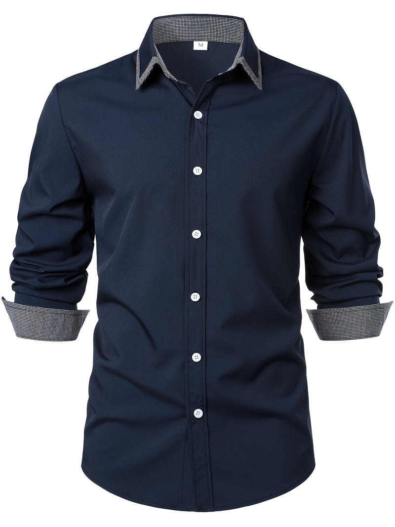 Camisa Masculina Casual de Manga Longa com Blocos de Cor e Estampa Xadrez