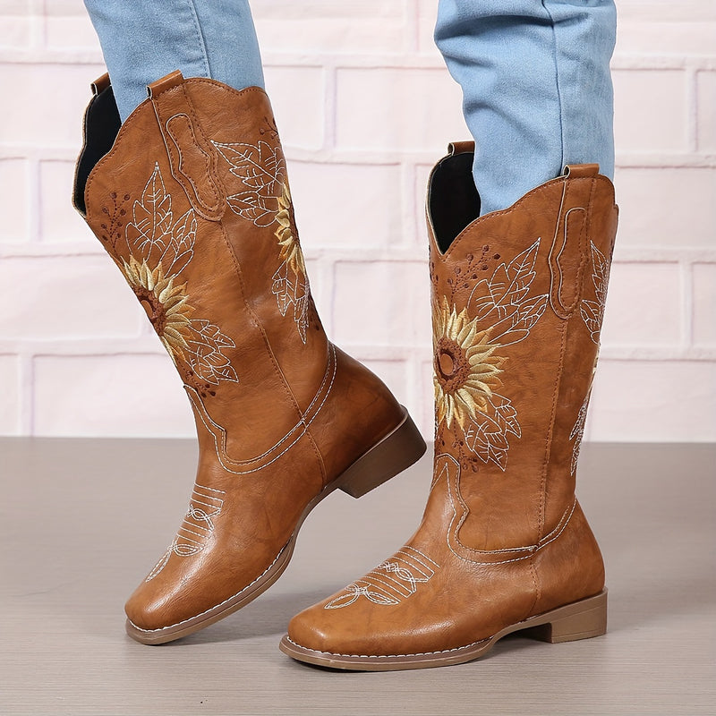 Botas ocidentais femininas bordadas de cano médio, botas fashion em couro sintético, calçado feminino