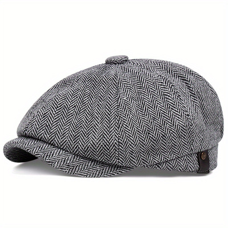 Boina retrô masculina em espinha de peixe - Boina casual preta com estilo vintage, poliéster tricotado, perfeita para o Dia dos Namorados, uso diário | Boina vintage | Textura tricotada
