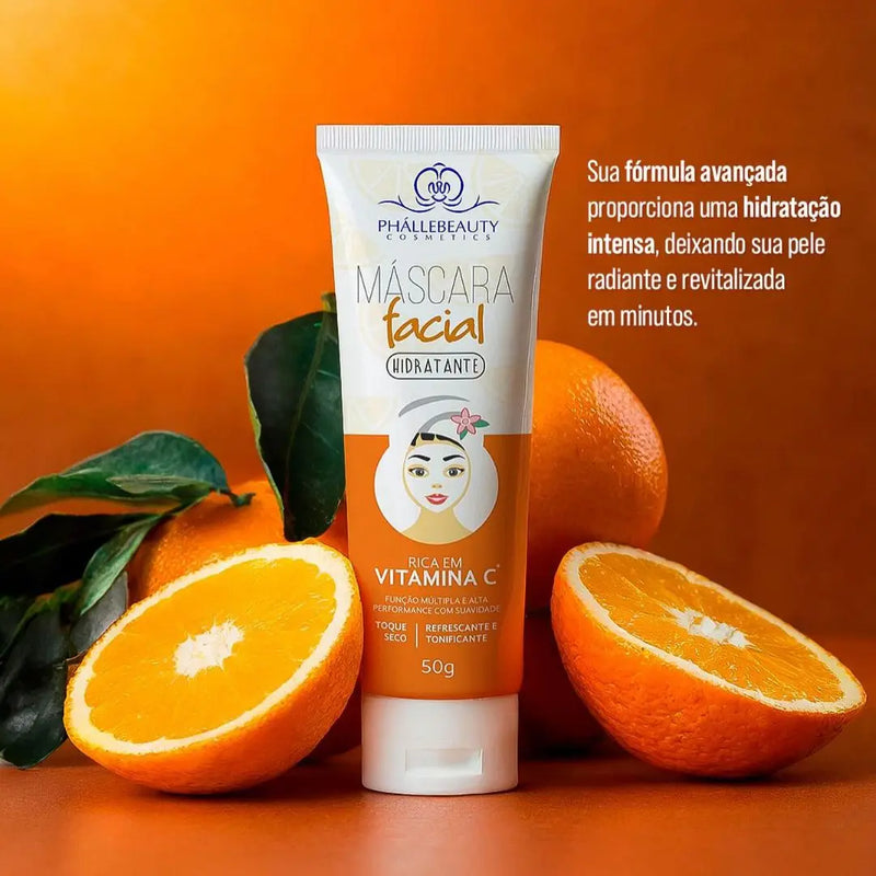 Kit de Cuidados com a Pele Vitamina C – 5 Itens: Sérum, Mousse, Máscara, Água Micelar e Esfoliante – Phállebeauty