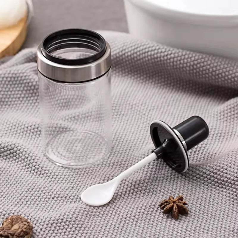 Porta Temperos de Vidro com Colher Açúcar Sal Pimenta Condimentos Orégano Tomilho Recipiente Armazenamento de Cozinha Tampa de Plástico