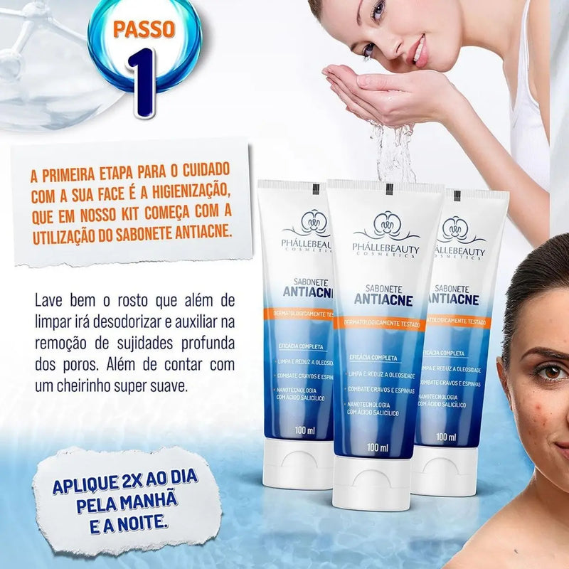 Kit 4 Cuidados com a Pele Antiacne – Sabonete, Tônico, Sérum e Gel Creme – Phállebeauty