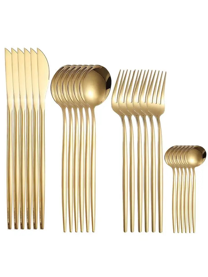 Conjunto de Talheres 24 Peças em Aço Inox Dourado – Faca, Garfo e Colher – Estilo Moderno Clássico para Cozinha e Mesa