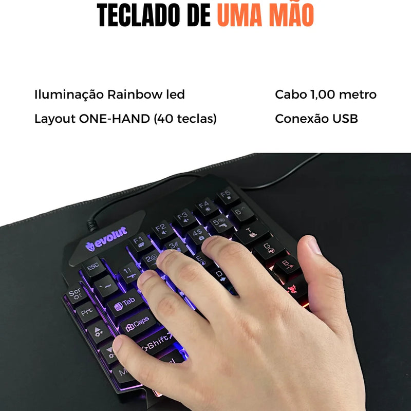 Kit Gamer Mobilator One Hand 60% Teclado Preto com LED com Fio Mouse para Celular Tripé USB RGB OTG