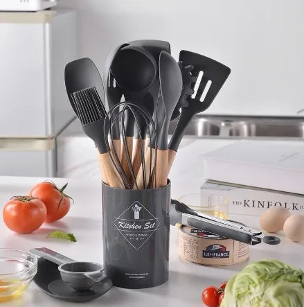 Kit de Colheres de Silicone para Cozinha – BPA Free, Antirrust, Conjunto de Utensílios de Madeira, 12 Peças