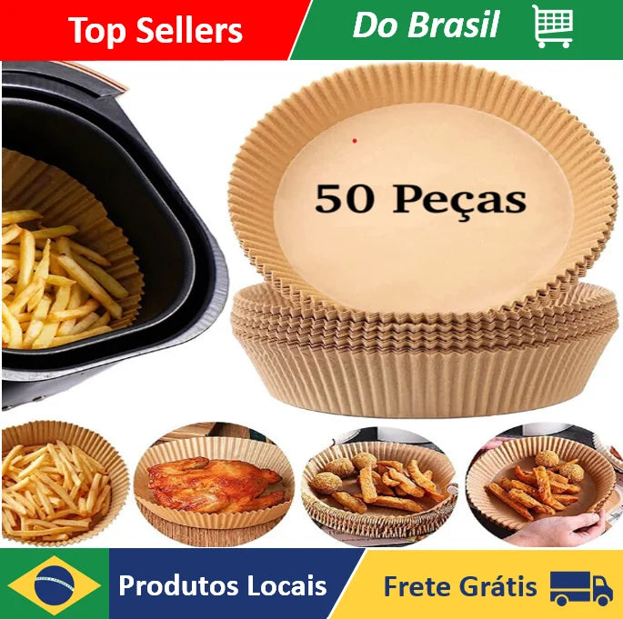 50 Unidades de Papel Redondo Descartável Antiaderente para Air Fryer e Assar