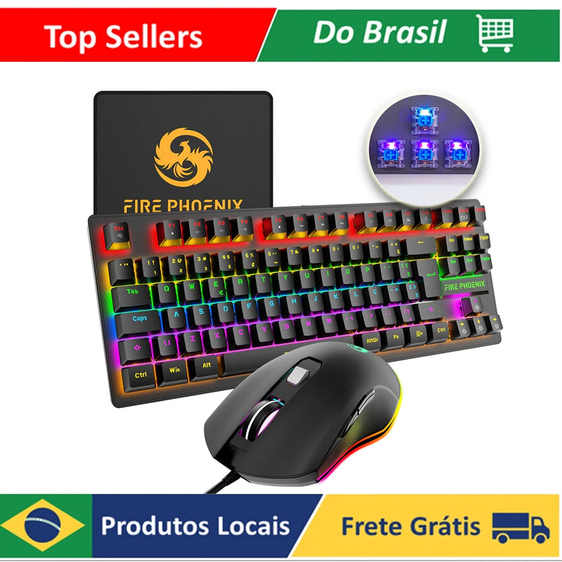 Kit teclado mecânico e mouse gamer 3200 DPI com fio ABNT2, iluminação LED RGB, switch azul, 60%, preto, Be-K1 Luuk Young