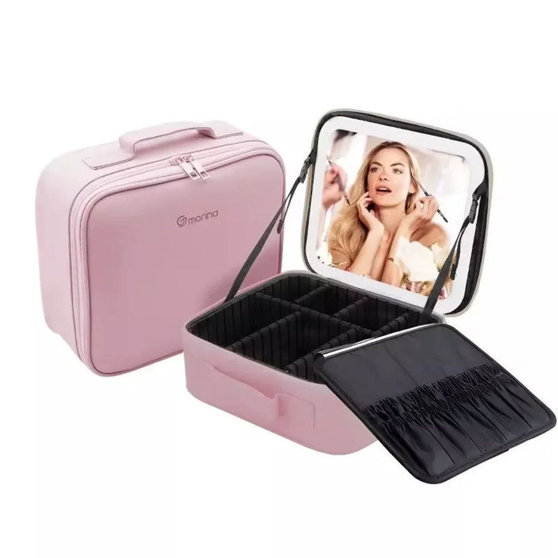 Kit Profissional Estojo de Maquiagem com Espelho LED USB com Organizador Prático e Cabo para Cosméticos e Acessórios de Maquiagem