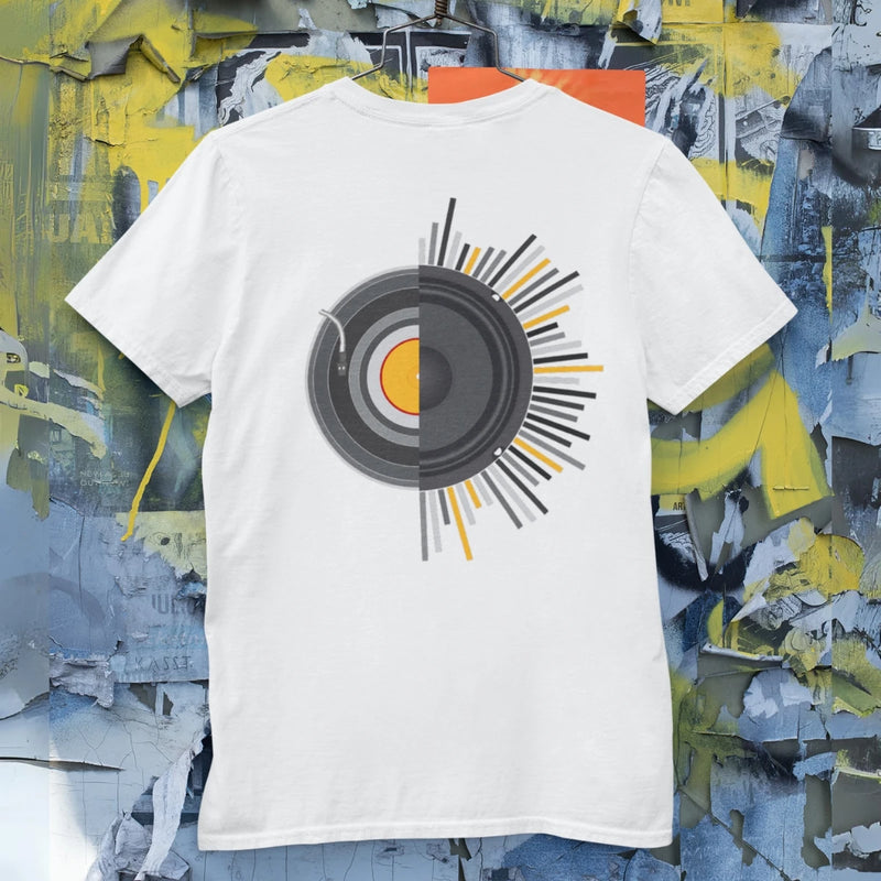 Camiseta Masculina GuGi – Disco de Vinil, Caixas de Som, Música Retro Rock Anos 70, CM01