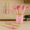 Kit de Utensílios de Cozinha Silicone com Cabo de Madeira Suporte para Colher Espátula Pegador Concha Escova de Cozinha Antiaderente