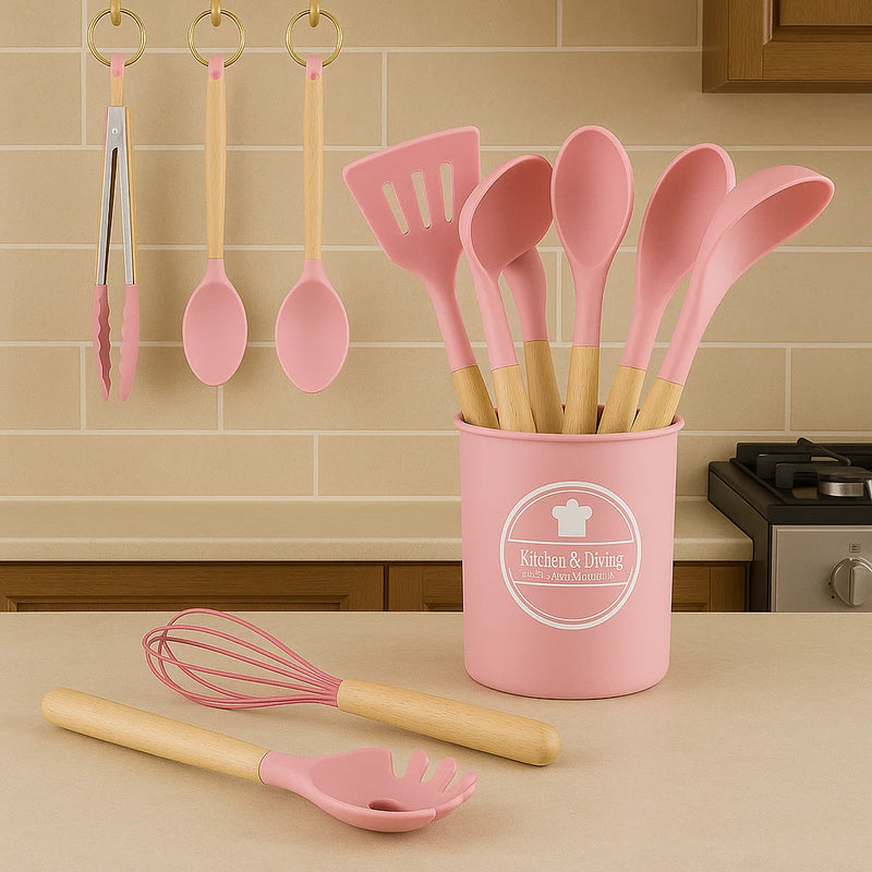 Kit de Utensílios de Cozinha Silicone com Cabo de Madeira Suporte para Colher Espátula Pegador Concha Escova de Cozinha Antiaderente