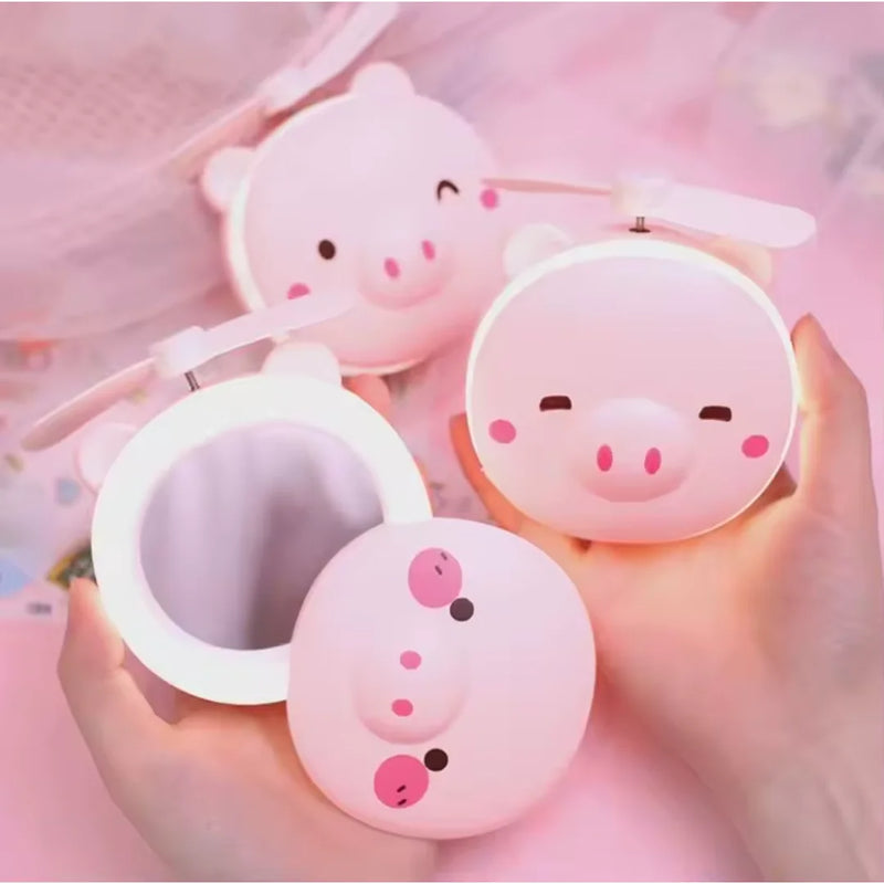 Espelho de Maquiagem Portátil com Luzes LED Piggy com Mini Ventilador Recarregável USB Espelho Cosmético Novo Verão