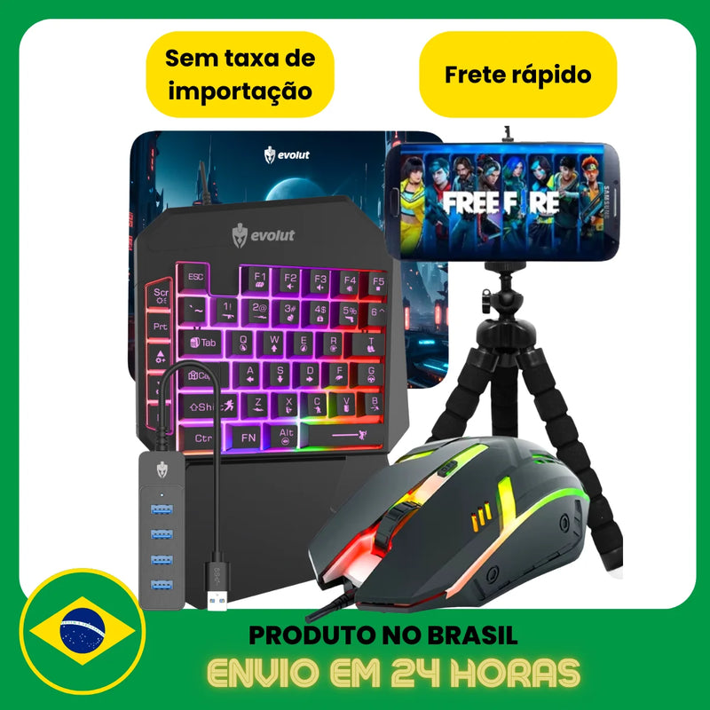 Kit Gamer Mobilator One Hand 60% Teclado Preto com LED com Fio Mouse para Celular Tripé USB RGB OTG