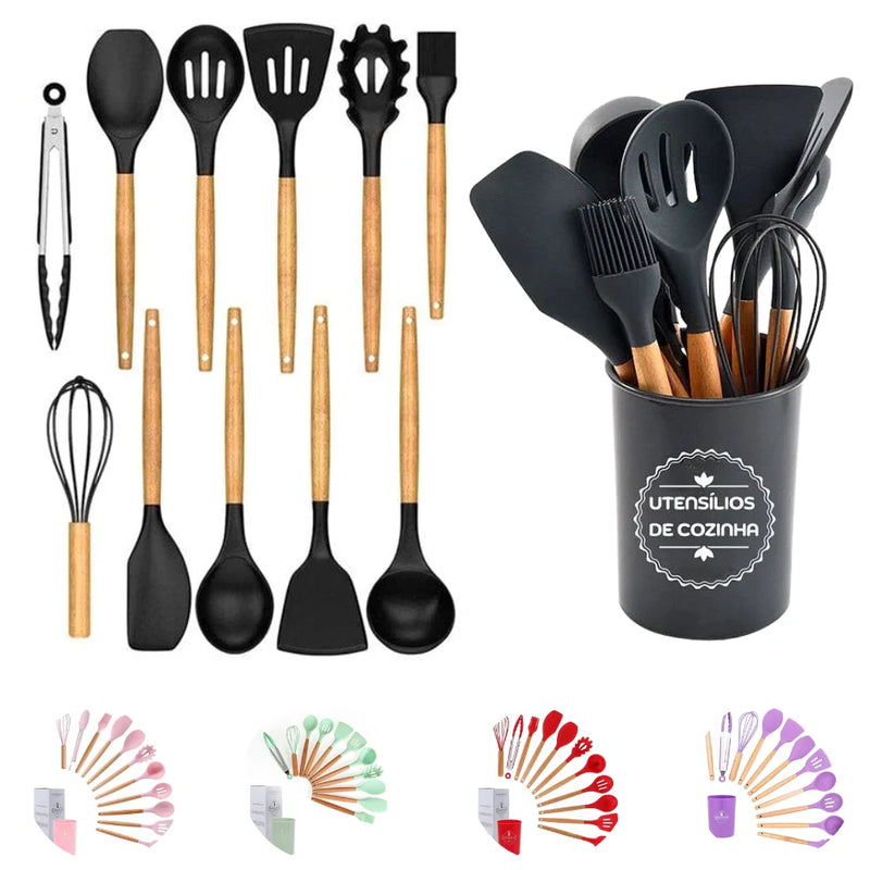 Kit de Utensílios de Cozinha – 12 Peças: Talheres, Colher de Madeira e Panela