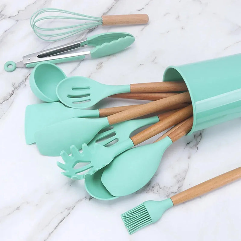 Kit de Colheres de Silicone para Cozinha – BPA Free, Antirrust, Conjunto de Utensílios de Madeira, 12 Peças
