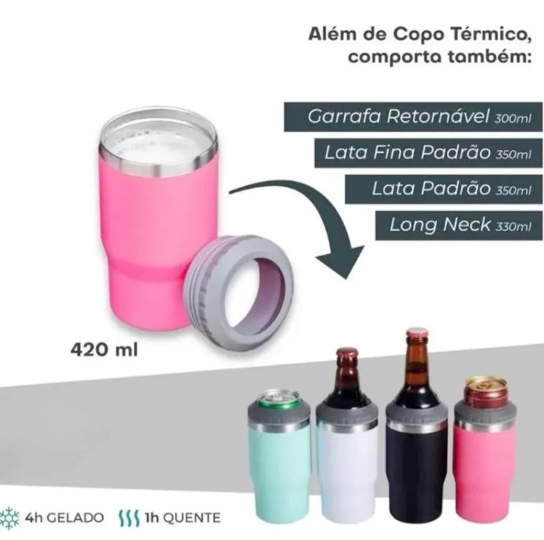 Copo Térmico com 5 opção em 1 (Latinha/Barrigudinha/Long Neck/Lata Alta 400 mL) Com abridor Porta Cerveja Garrafa