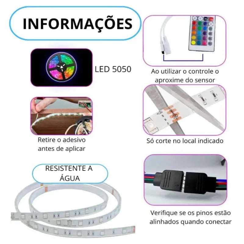 Fita LED Colorida à Prova d'Água RGB Luz LED com Fonte e Controle