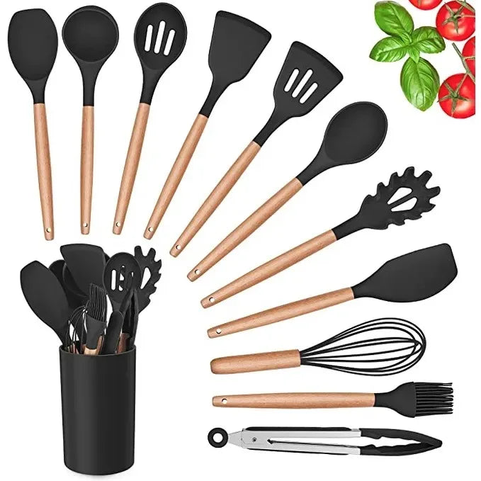 Kit de Colheres de Silicone para Cozinha – BPA Free, Antirrust, Conjunto de Utensílios de Madeira, 12 Peças
