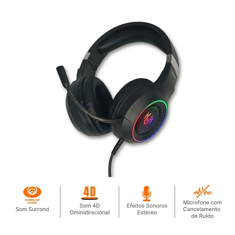Headset Gamer G7 com LED RGB, Microfone, USB e P3 para PC, Computador, Videogame e Celular – Ult-G7