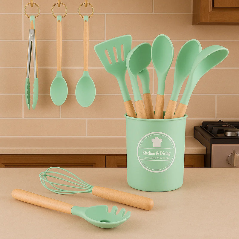 Kit de Utensílios de Cozinha Silicone com Cabo de Madeira Suporte para Colher Espátula Pegador Concha Escova de Cozinha Antiaderente