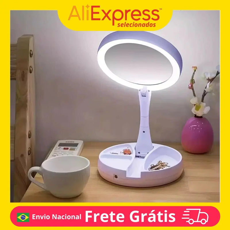 Espelho de Maquiagem com LED Portátil Luz Ajustável Aumento 10x Para Mesa e Bancada Profissional USB Recarregável Design para Sobrancelha